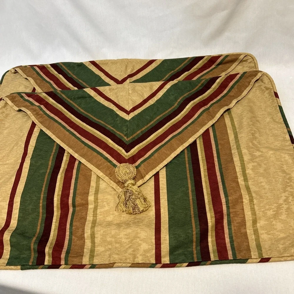 Custom Made Queen Bedskirt and 4 Shams Gold Green Red Stripe Tassel Fringe 1399